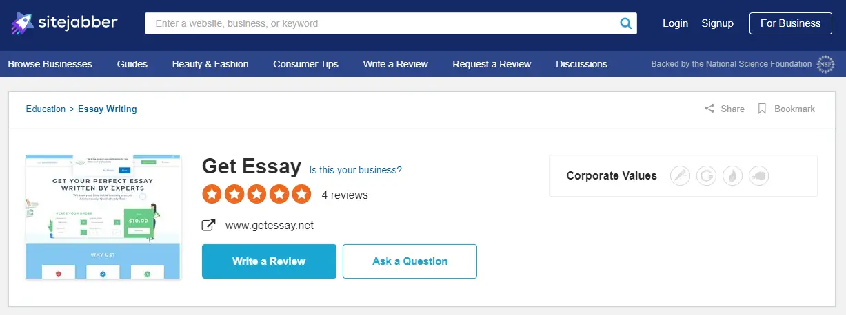 GetEssay reviews on Sitejabber